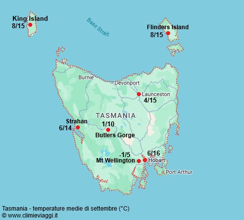 Tasmania - mappa con le temperature medie a settembre