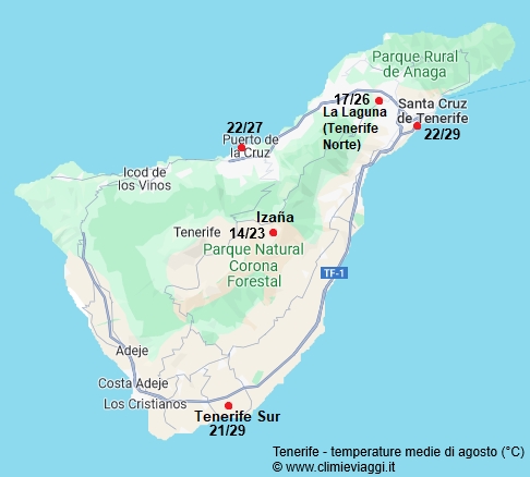 Tenerife - mappa con le temperature medie a agosto