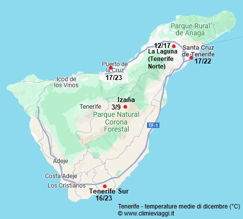 Tenerife - mappa con le temperature medie a dicembre
