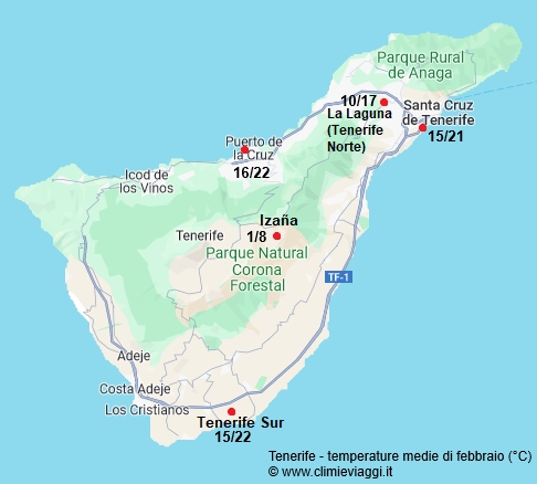 Tenerife - mappa con le temperature medie a febbraio