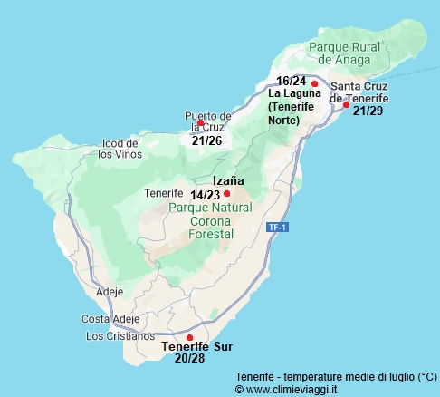 Tenerife - mappa con le temperature medie a luglio
