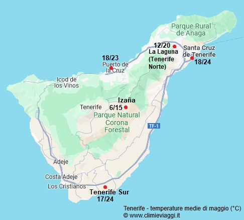 Tenerife - mappa con le temperature medie a maggio
