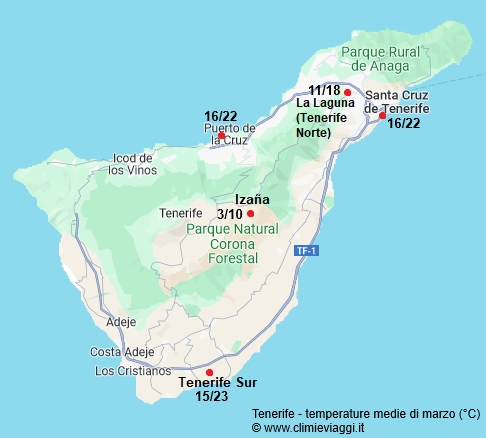 Tenerife - mappa con le temperature medie a marzo
