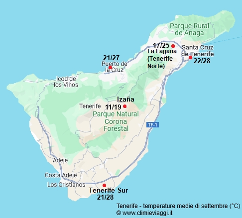 Tenerife - mappa con le temperature medie a settembre