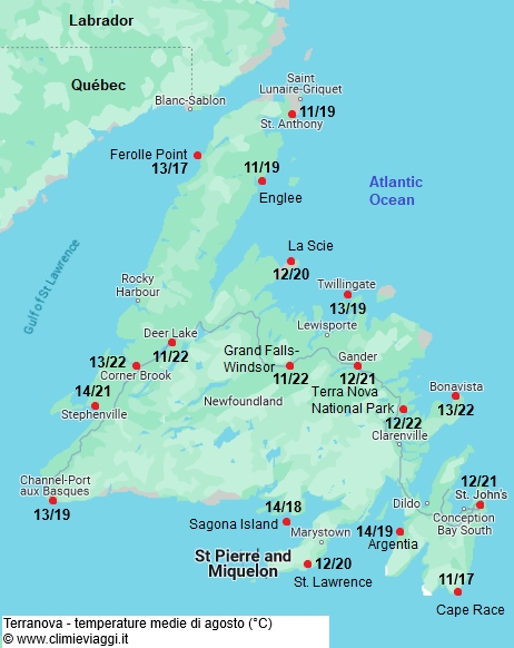 Terranova - mappa con le temperature medie a agosto