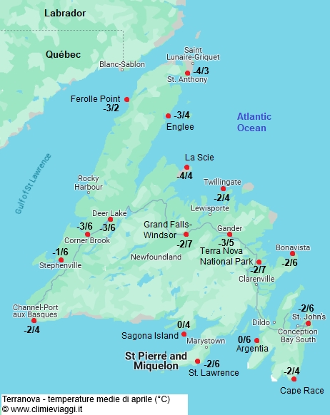 Terranova - mappa con le temperature medie a aprile