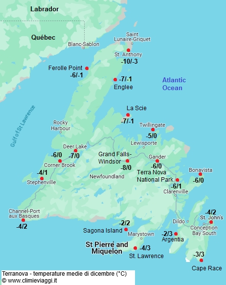 Terranova - mappa con le temperature medie a dicembre