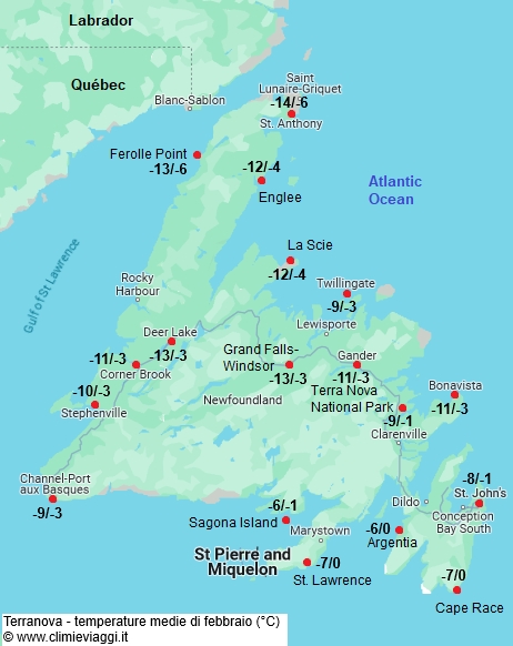 Terranova - mappa con le temperature medie a febbraio