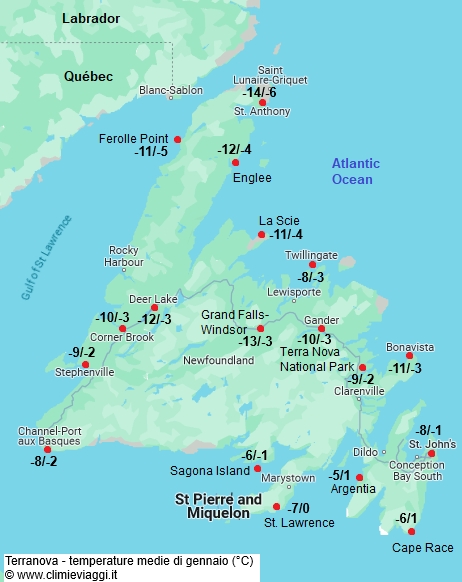 Terranova - mappa con le temperature medie a gennaio