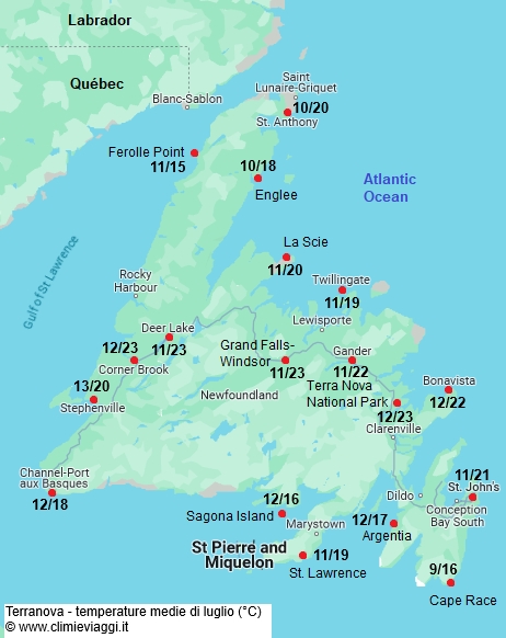 Terranova - mappa con le temperature medie a luglio