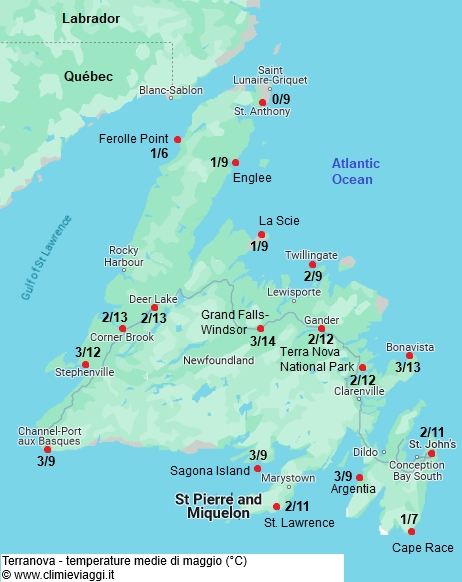 Terranova - mappa con le temperature medie a maggio