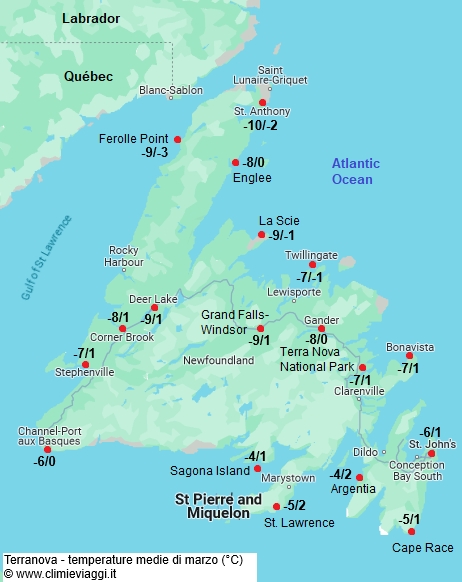 Terranova - mappa con le temperature medie a marzo