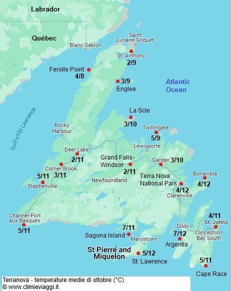 Terranova - mappa con le temperature medie a ottobre