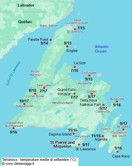 Terranova - mappa con le temperature medie a settembre