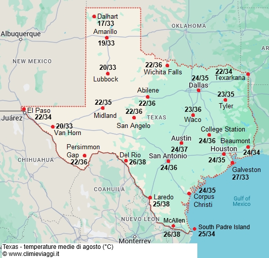 Texas - mappa con le temperature medie a agosto