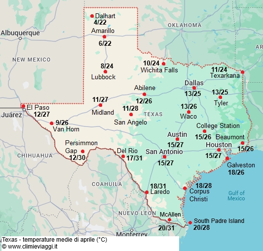 Texas - mappa con le temperature medie a aprile