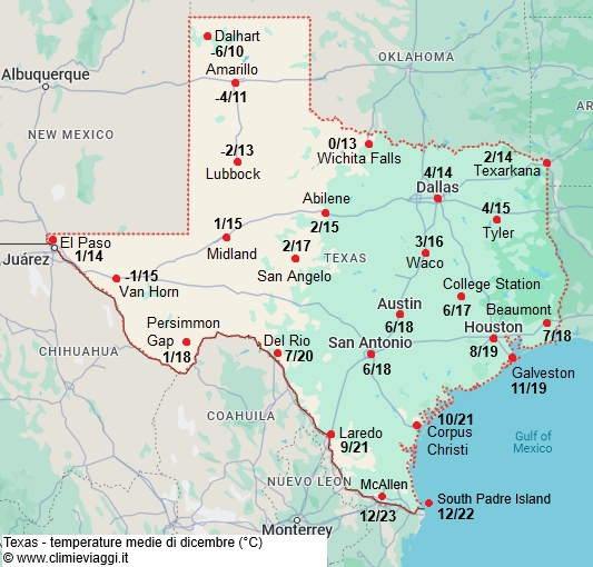 Texas - mappa con le temperature medie a dicembre