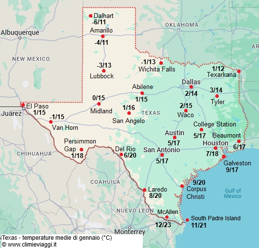 Texas - mappa con le temperature medie a gennaio