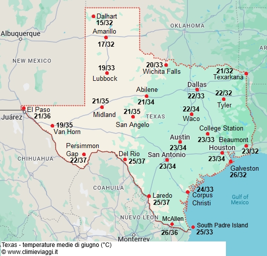 Texas - mappa con le temperature medie a giugno