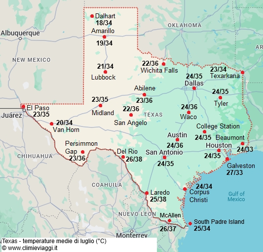 Texas - mappa con le temperature medie a luglio