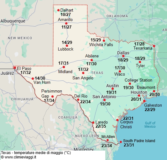 Texas - mappa con le temperature medie a maggio