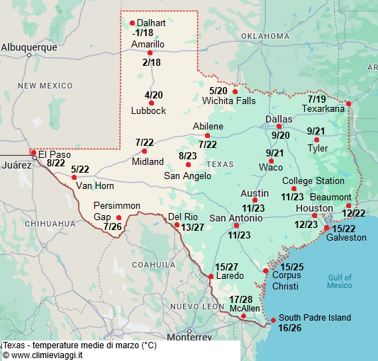 Texas - mappa con le temperature medie a marzo
