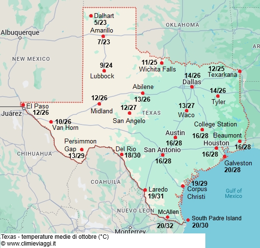 Texas - mappa con le temperature medie a ottobre