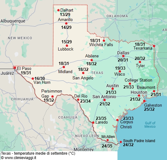 Texas - mappa con le temperature medie a settembre