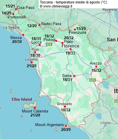 Toscana - mappa con le temperature medie a agosto