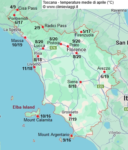 Toscana - mappa con le temperature medie a aprile