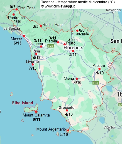 Toscana - mappa con le temperature medie a dicembre