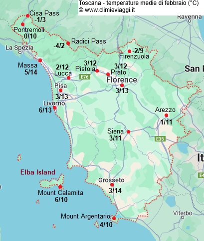 Toscana - mappa con le temperature medie a febbraio