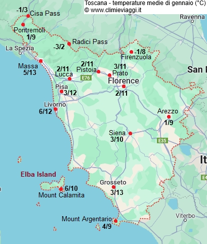 Toscana - mappa con le temperature medie a gennaio