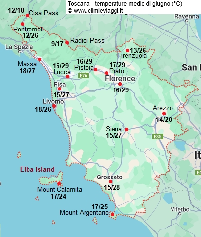 Toscana - mappa con le temperature medie a giugno