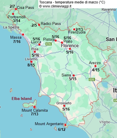 Toscana - mappa con le temperature medie a marzo