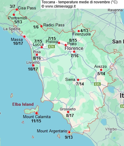 Toscana - mappa con le temperature medie a novembre