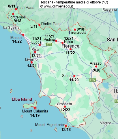 Toscana - mappa con le temperature medie a ottobre