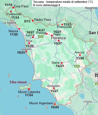 Toscana - mappa con le temperature medie a settembre