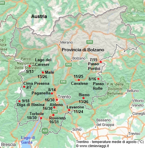 Trentino - mappa con le temperature medie a agosto