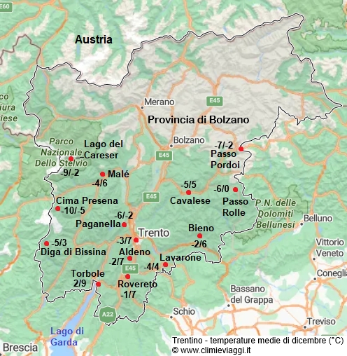 Trentino - mappa con le temperature medie a dicembre