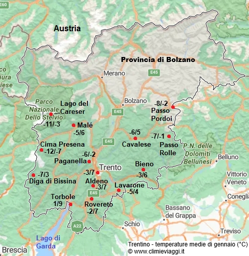 Trentino - mappa con le temperature medie a gennaio