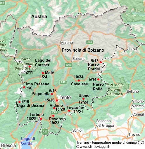 Trentino - mappa con le temperature medie a giugno