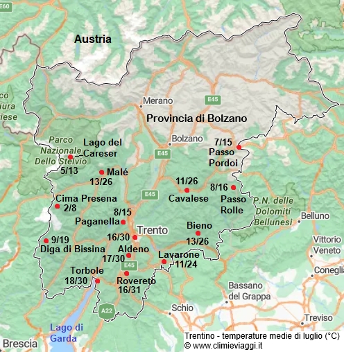 Trentino - mappa con le temperature medie a luglio