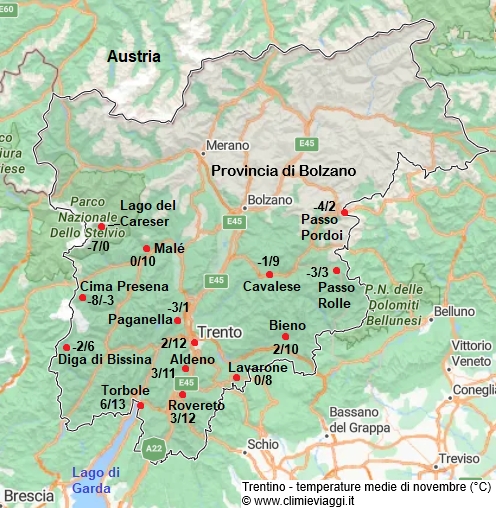 Trentino - mappa con le temperature medie a novembre