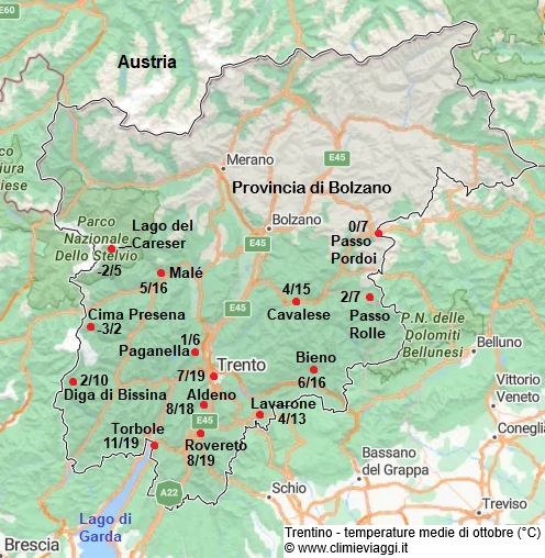 Trentino - mappa con le temperature medie a ottobre