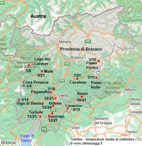 Trentino - mappa con le temperature medie a settembre