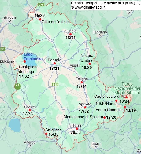 Umbria - mappa con le temperature medie a agosto