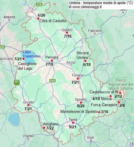 Umbria - mappa con le temperature medie a aprile
