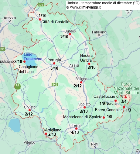Umbria - mappa con le temperature medie a dicembre