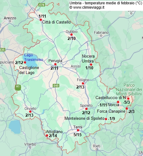 Umbria - mappa con le temperature medie a febbraio